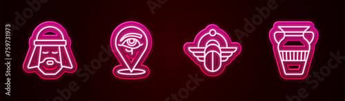Set line Egyptian man, Eye of Horus, Scarab and vase. Glowing neon icon. Vector