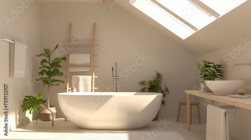 Serene Scandinavian Bathroom with White Ladder Shelf.