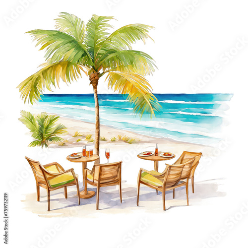 Beach scene with out door breakfast setting, table and chairs, palm tree, ocean, sea, watercolor illustration, vector clipart, isolated on white background