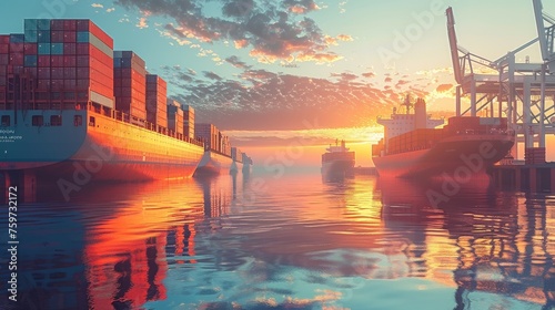 A serene dock with ships loading goods under a clear sky © Naret