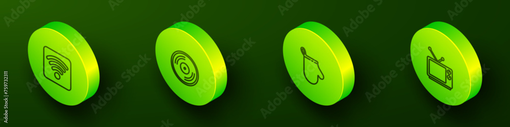 Set Isometric line Wi-Fi wireless internet network, Vinyl disk, Oven glove and Retro tv icon. Vector Set Isometric line Wi-Fi wireless internet network, Vinyl disk, Oven glove and Retro tv icon. Vector