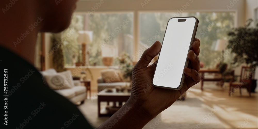 Black African-American man using smartphone with a blank white screen at home Black African-American man using smartphone with a blank white screen at home