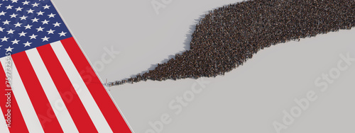 A stream of refugees at the open border of the USA. 3D illustration.	