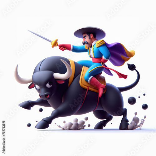 Bull and Spanish Corrida. 3D minimalist cute illustration on a light background.