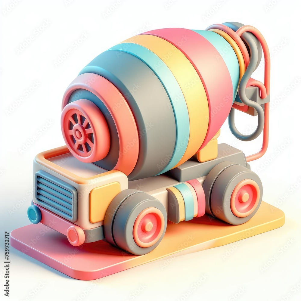 Toy Colorful Concrete Mixer. 3D minimalist cute illustration on a light background.