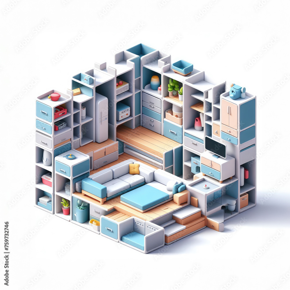 Living Room Furniture Isometric Composition. 3D minimalist cute illustration on a light background.