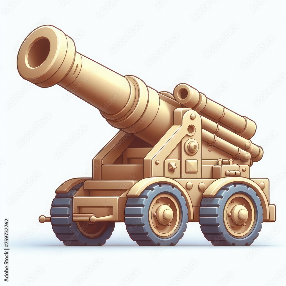 Cartoon Artillery Cannon. 3D minimalist cute illustration on a light background.