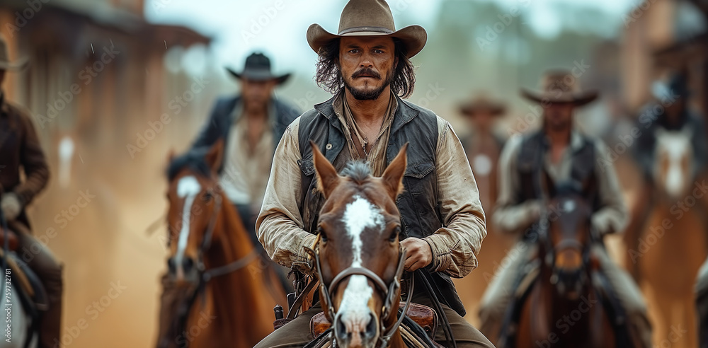 Close-Up Of A Cowboy Hero Riding On A Horse. Illustration On The Theme Of Cinema And TV Series, History And Lifestyle. Generative AI Close-Up Of A Cowboy Hero Riding On A Horse. Illustration On The Theme Of Cinema And TV Series, History And Lifestyle. Generative AI
