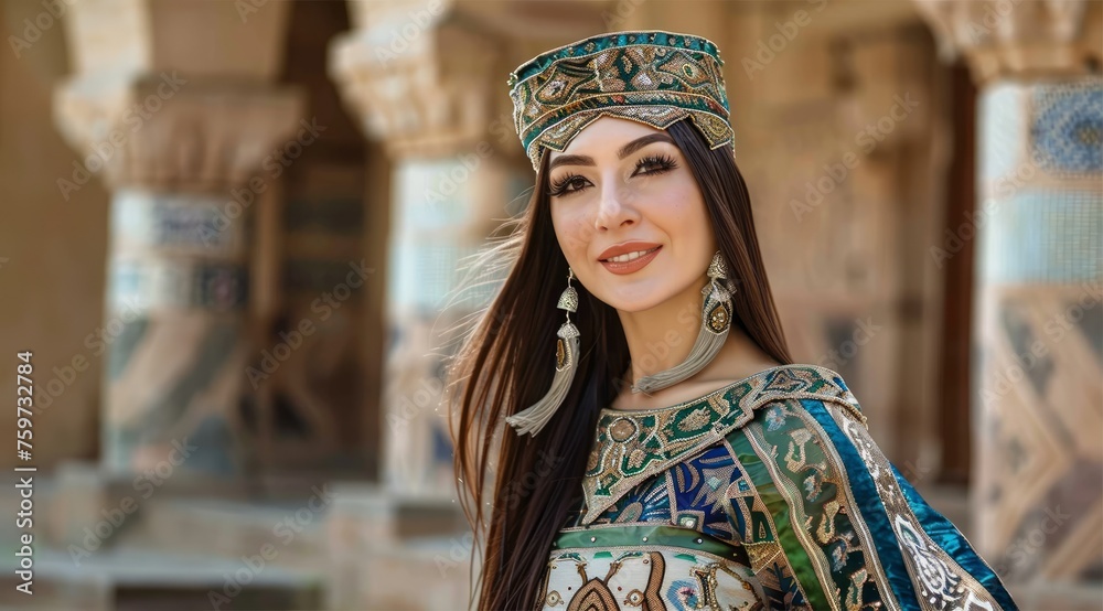 A lovely lady in traditional oriental clothing posing gracefully outside, nowruz festival