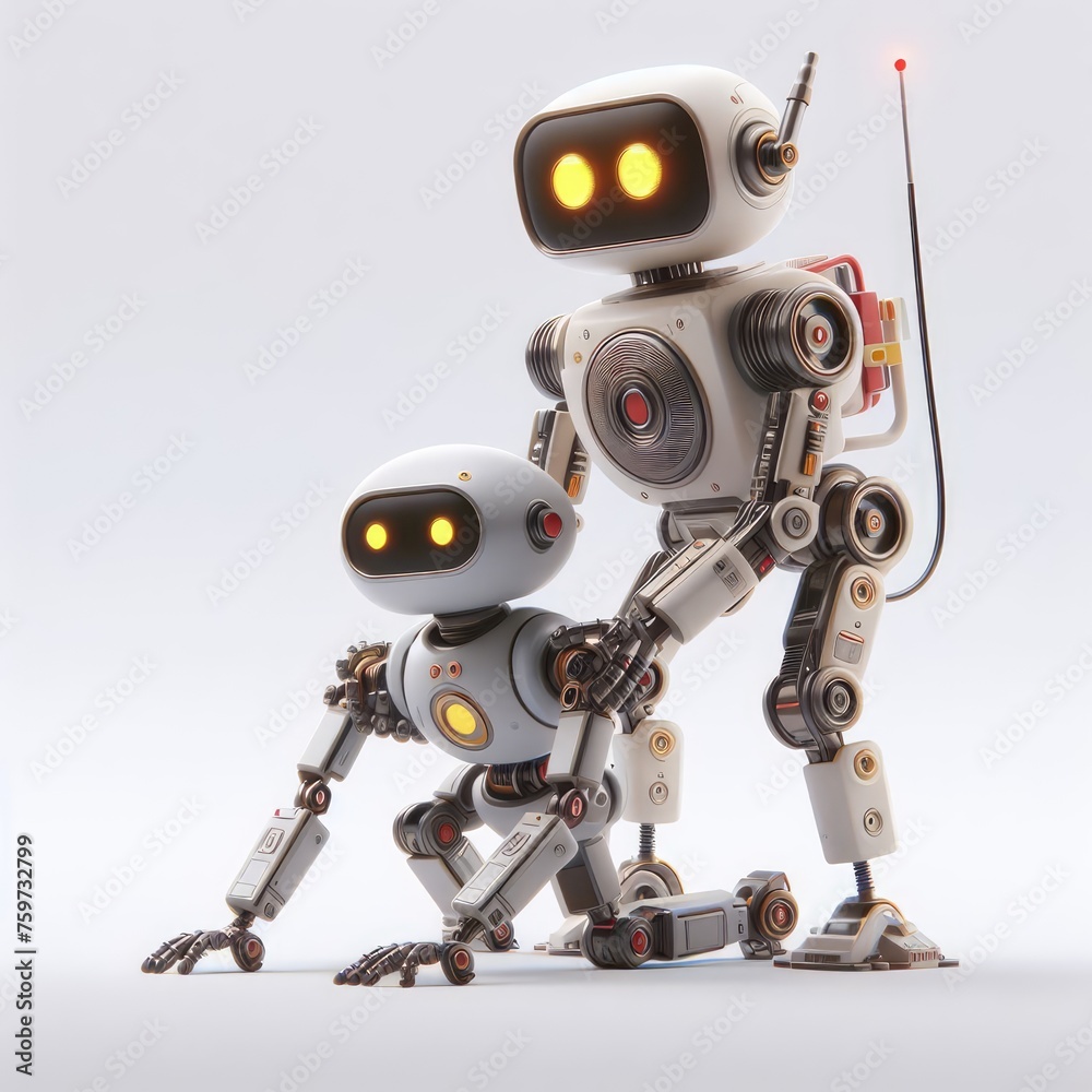 Robot doctor treating a robot. 3D minimalist cute illustration on a light background. Robot doctor treating a robot. 3D minimalist cute illustration on a light background.