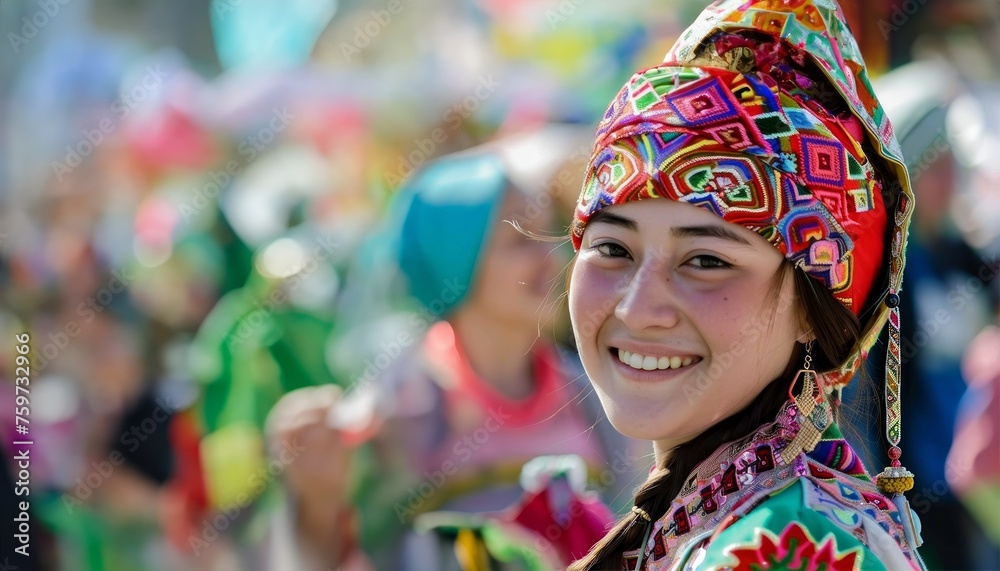 Joyful kazakh woman in traditional attire smiling brightly, happy nowruz