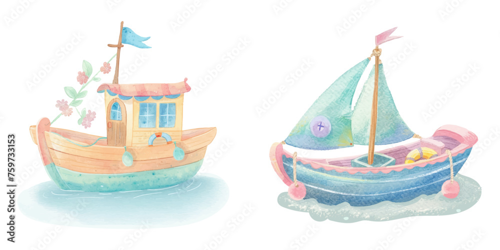  cute boat watercolour vector illustration