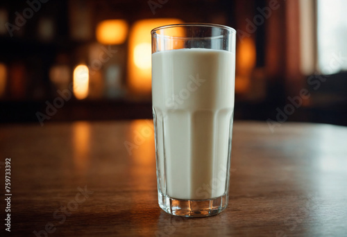A glass filled with milk stands on a wooden table.
