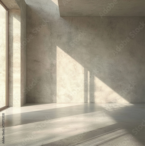 room with concrete walls and floor sunlight from the side clear lightning, perspective looking to a plain wall, empty room