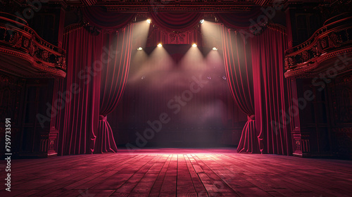 Theater stage light background with spotlight illuminated the stage for opera performance. Empty stage with red curtain, fog, smoke, backdrop decoration. Entertainment show. © Artinun