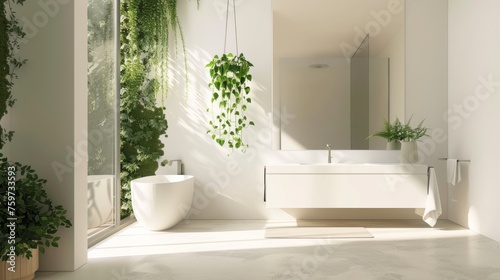 Symmetrical Composition of Modern Minimalist Bathroom with Greenery.