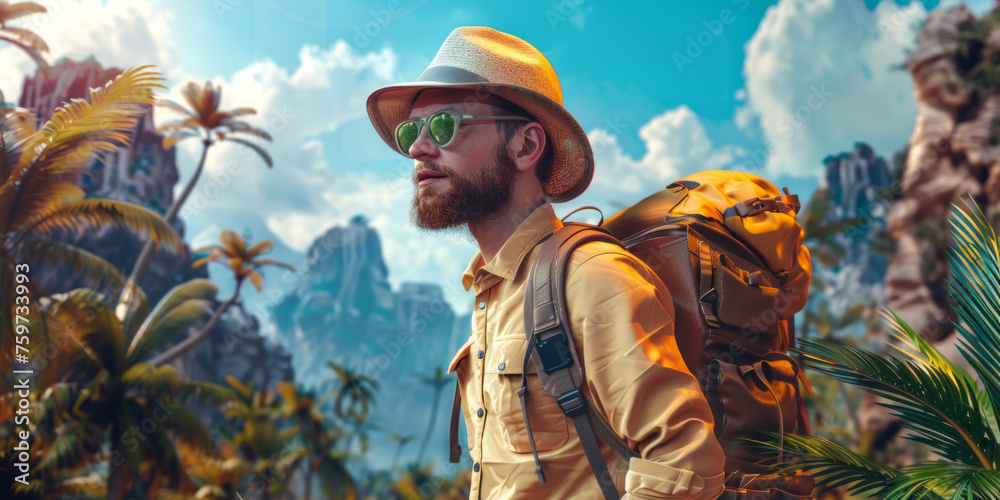 Adventure image of an explorer with backpack gazing at breathtaking mountain range
