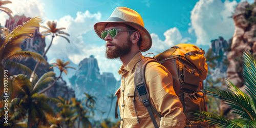 Adventure image of an explorer with backpack gazing at breathtaking mountain range photo