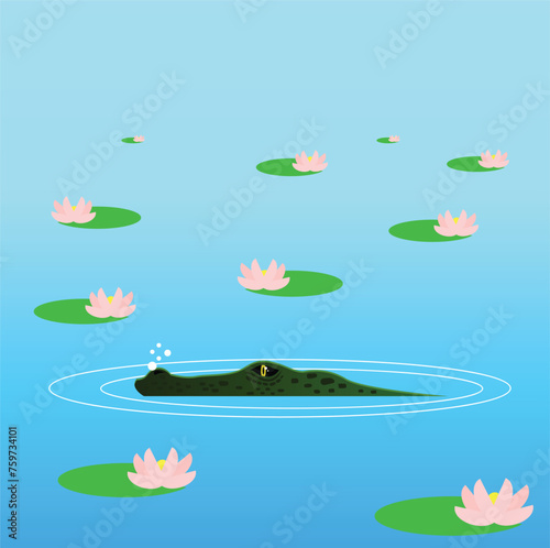 Crocodile Hiding in the Ambush in the Water Among Lilies. Nature and wildlife concept vector