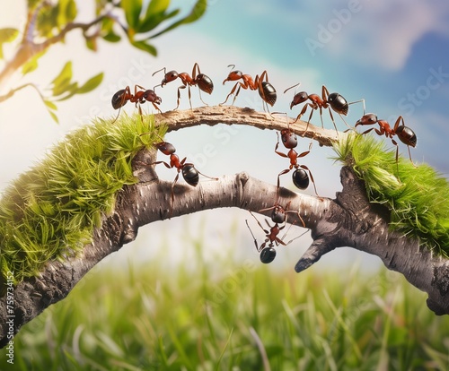 Ant action standing. Ant bridge unity team, Concept team work together © Svetlana