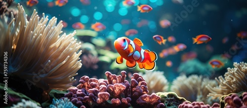 Beautiful color clown anemone fish in tropical coral reef