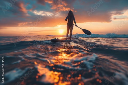 Silhouette of a paddleboarder on tranquil water against a vibrant sunset reflecting a path of light © Darya Lavinskaya