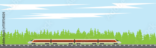 Modern Train on Rails Driving through Forest. Technology and transportation concept vector