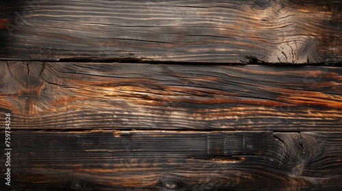An up-close view of a dark brown wooden plank with distinct textures, patterns, and rich color variations © Nicholas