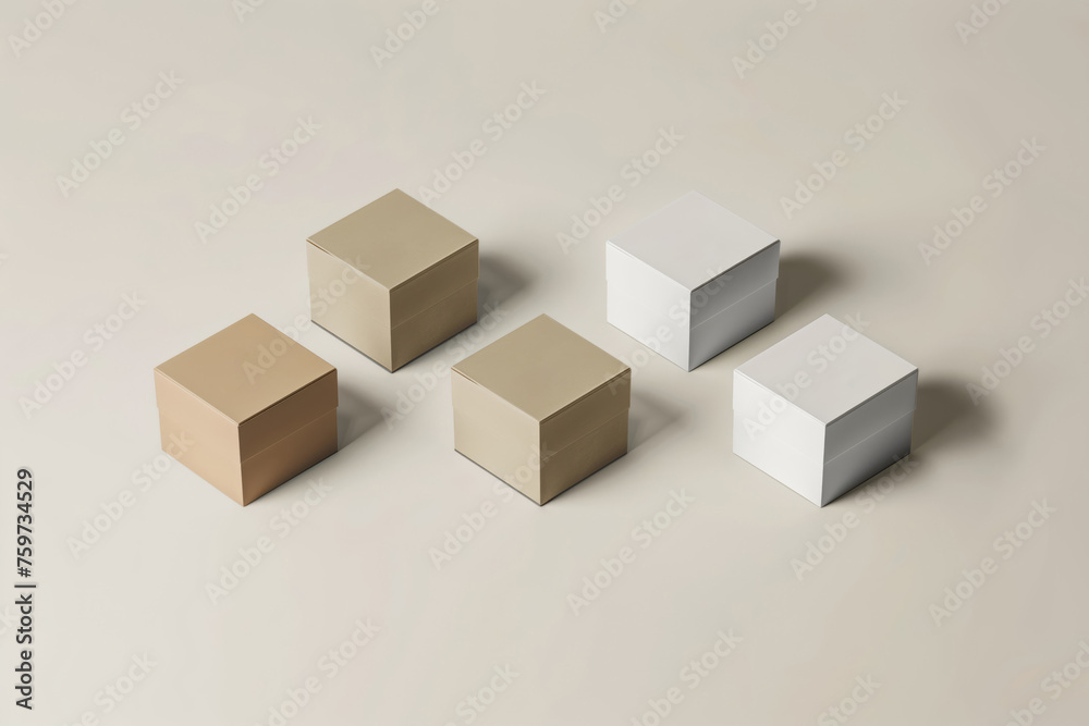 Five blank cardboard boxes in various sizes presented on a soft beige background