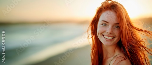 A beautiful red haired woman smiling at the camera,  on a beach, summer, travel and vacation concept, horizontal background, copy space for text © XC Stock