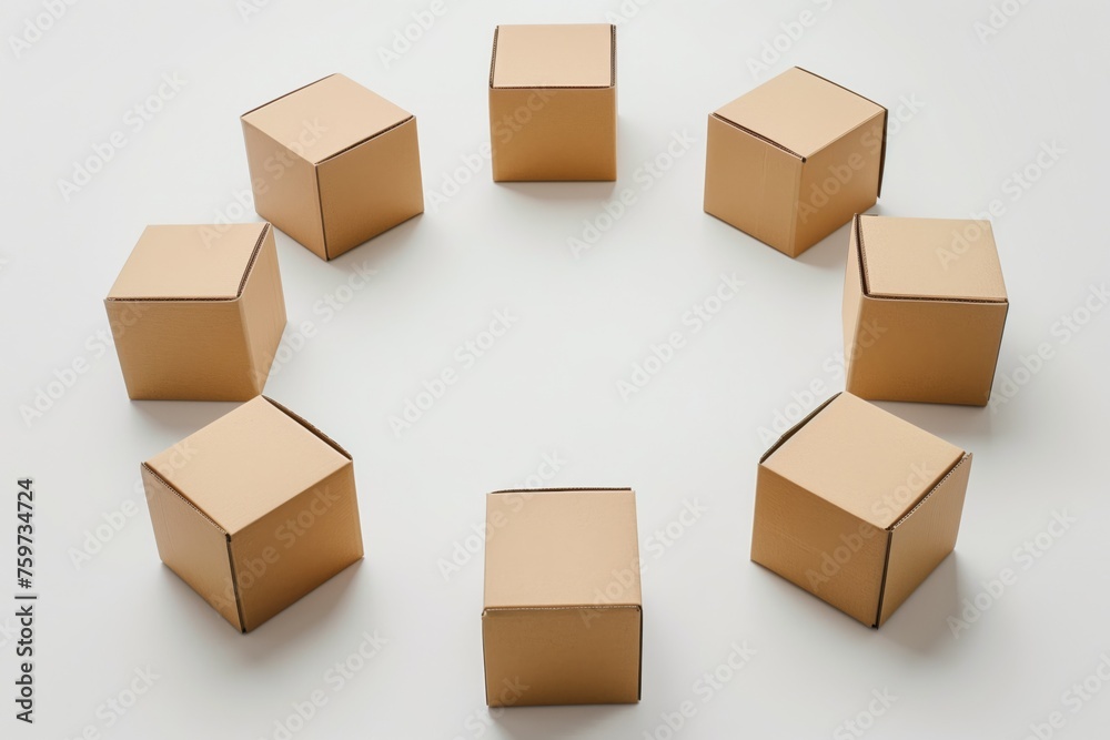 Fototapeta premium Uniform cardboard boxes arranged in a circular pattern on a clean white surface