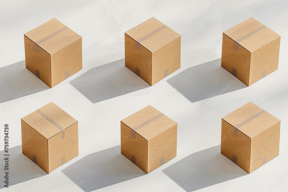 Fototapeta premium Six identical cardboard boxes arranged in rows casting soft shadows