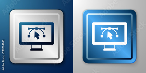 White Computer display with vector design program icon isolated on isolated on blue and grey background. Photo editor software with user interface. Silver and blue square button. Vector