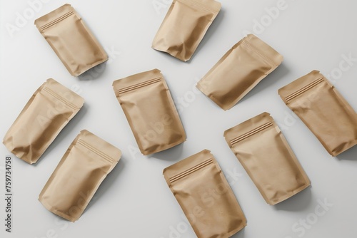 Collection of empty brown kraft paper bags on a clean white surface photo
