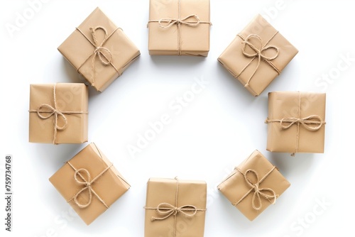 Flat lay of brown craft paper gift boxes with jute ties on a clean  white surface