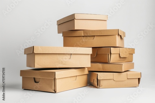 Neat pile of various sized kraft cardboard boxes for packaging and delivery purposes, isolated on white