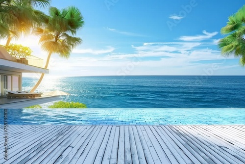 Relaxing summer  Sunbathing deck and private swimming pool with near beach and panoramic sea view at luxury house 3d rendering. generative ai.