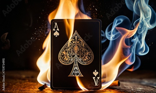 The Ace of Spades card stands engulfed in flames, with smoke spiraling upward. This striking image symbolizes risk, power, and the unpredictable nature of fate. photo