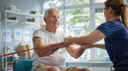 Elderly Man Performing Resistance Band Exercises with Physical Therapist in Rehab Facility