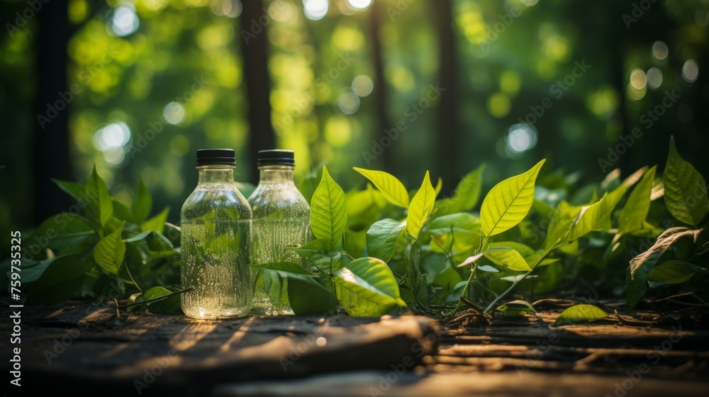 Pouring fresh water into plastic bottles. Spring hydration concept with green leaves