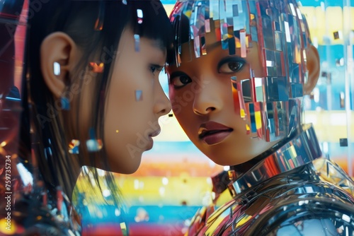 ultra-close-up couple portrait of a young models, halh-hidden behind the translucent partition of the street screen of a futuristic city