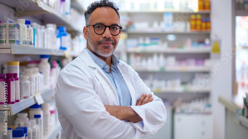 Confident Pharmacist Standing with Arms Crossed in Pharmacy Aisle