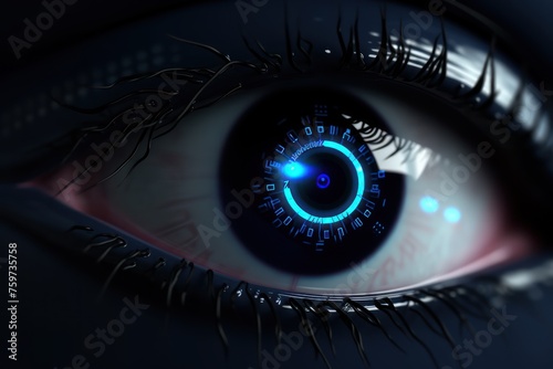 ultra close-up view of a futuristic fantasy implant in a human eye