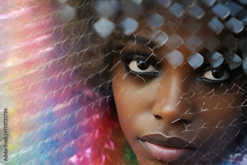 ultra-close-up portrait of a young model, halh-hidden behind the translucent partition of the street screen of a futuristic city