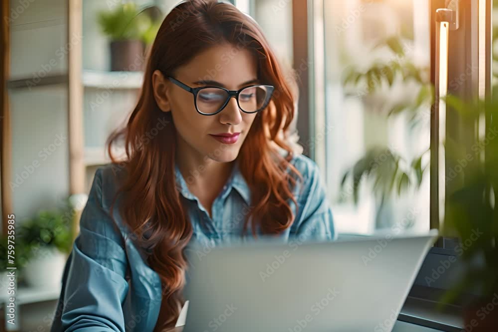 Close-Up of Woman Working on Laptop in Office Room: Blue Shirt and Glasses Close-Up of Woman Working on Laptop in Office Room: Blue Shirt and Glasses