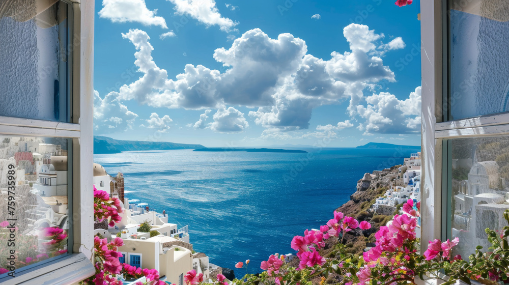 View of the Aegean Sea and Cliffside White Buildings Through an Open Window with Bougainvillea
