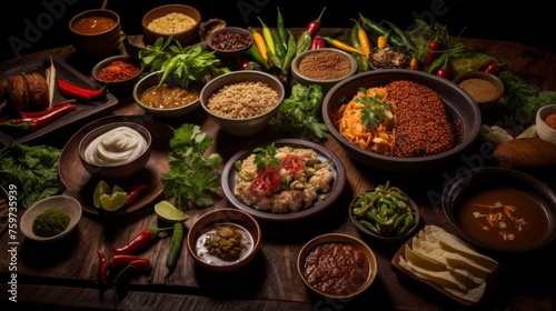 Ethnic spices and traditional dishes beautifully arranged on a rustic table, showcasing culinary diversity