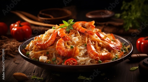 An inviting bowl of shrimp and noodles in a rustic setting with natural elements and warm lighting