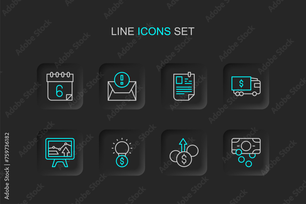 Set line Stacks paper money cash, Financial growth dollar, Light bulb with, Monitor graph chart, Armored truck, Resume, Envelope and Calendar icon. Vector Set line Stacks paper money cash, Financial growth dollar, Light bulb with, Monitor graph chart, Armored truck, Resume, Envelope and Calendar icon. Vector