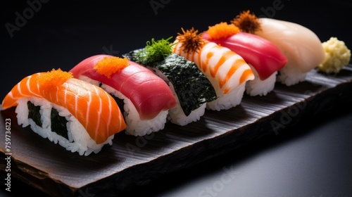 A chic array of sushi pieces atop a wooden board, with each sushi garnished differently, embodying culinary craftsmanship